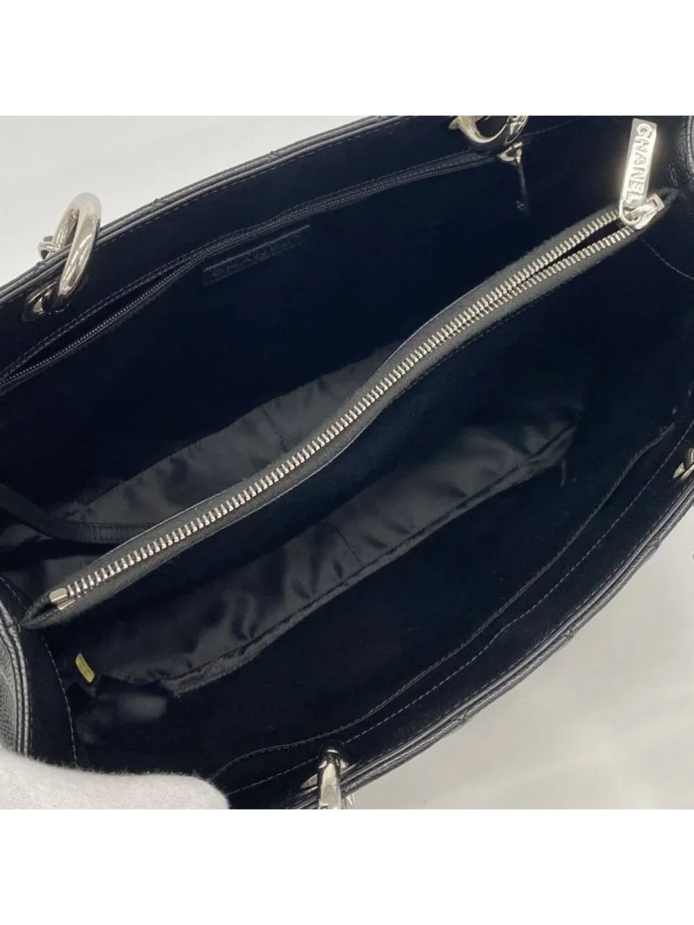Chanel Chain Tote Bag Quilted Caviar Leather Black Silver